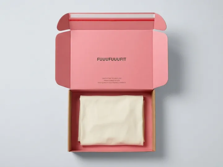Open pink-lined custom apparel mailer box holding one neatly folded cream garment