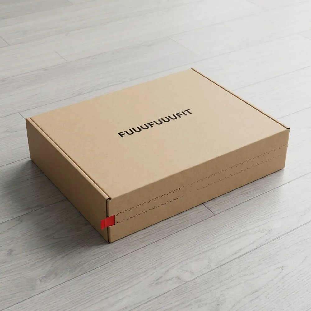 Closed custom apparel mailer box in natural kraft corrugated board with a front tear strip and red pull tab
