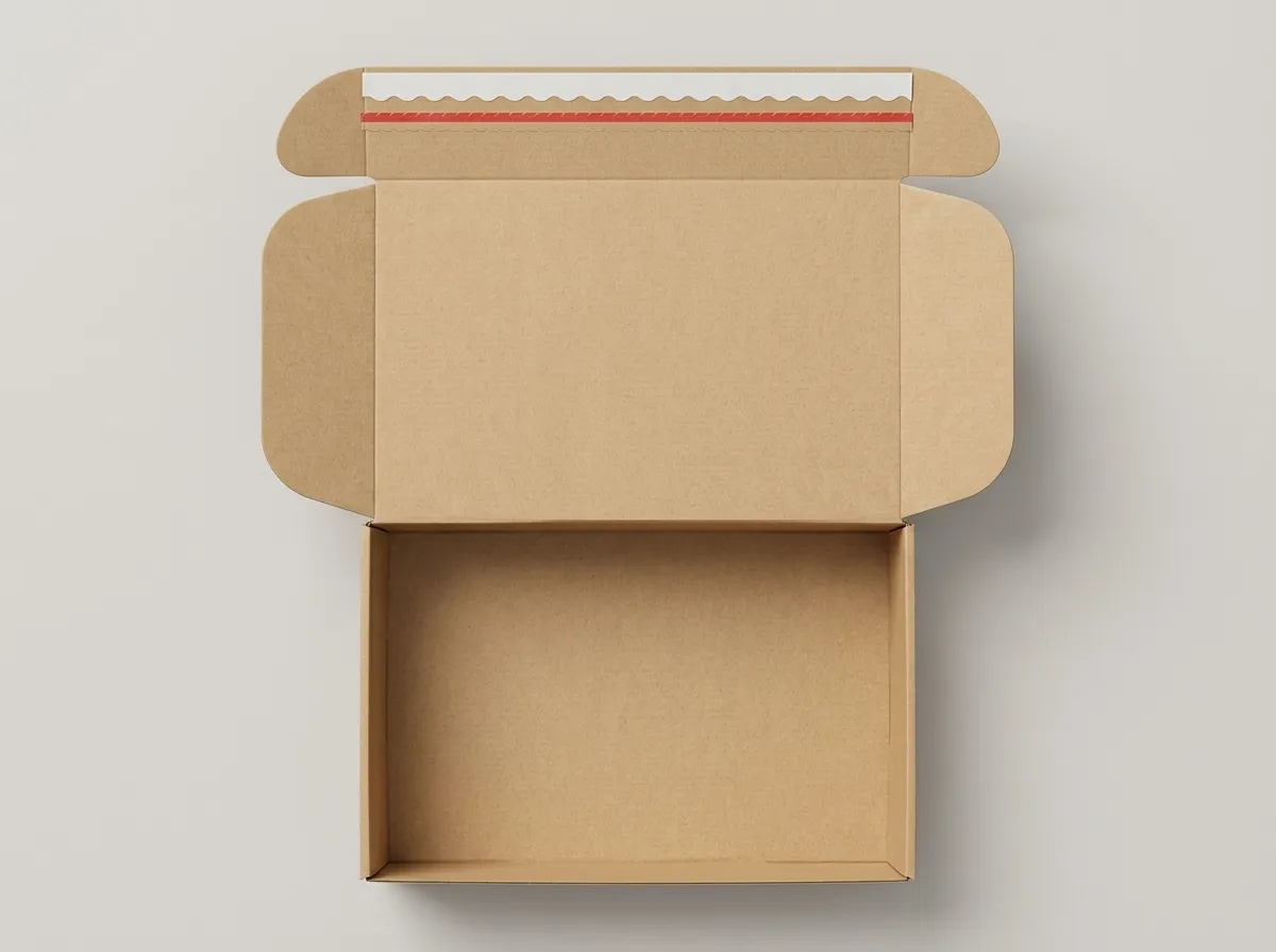 Empty open kraft corrugated apparel mailer showing hinged lid, side flaps, seal strip, and shallow tray