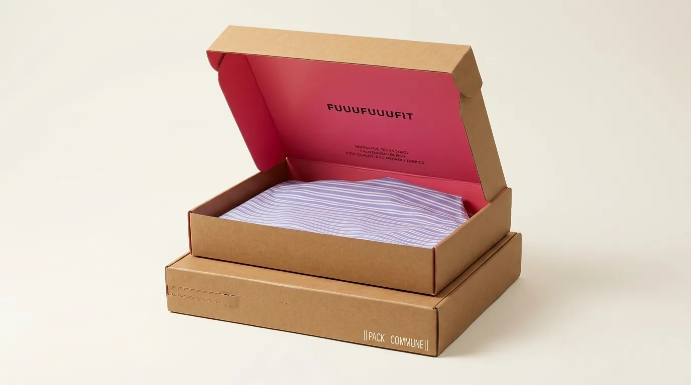 Open pink-lined custom apparel mailer box with a folded striped garment stacked above a closed kraft box