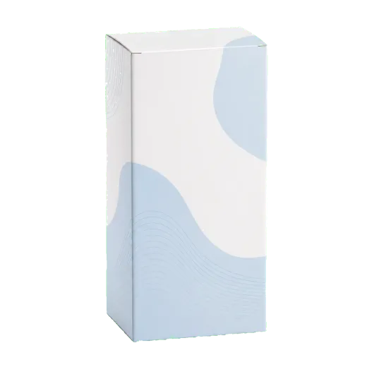 Auto-bottom box closed front three-quarter view with clean printed paperboard panels