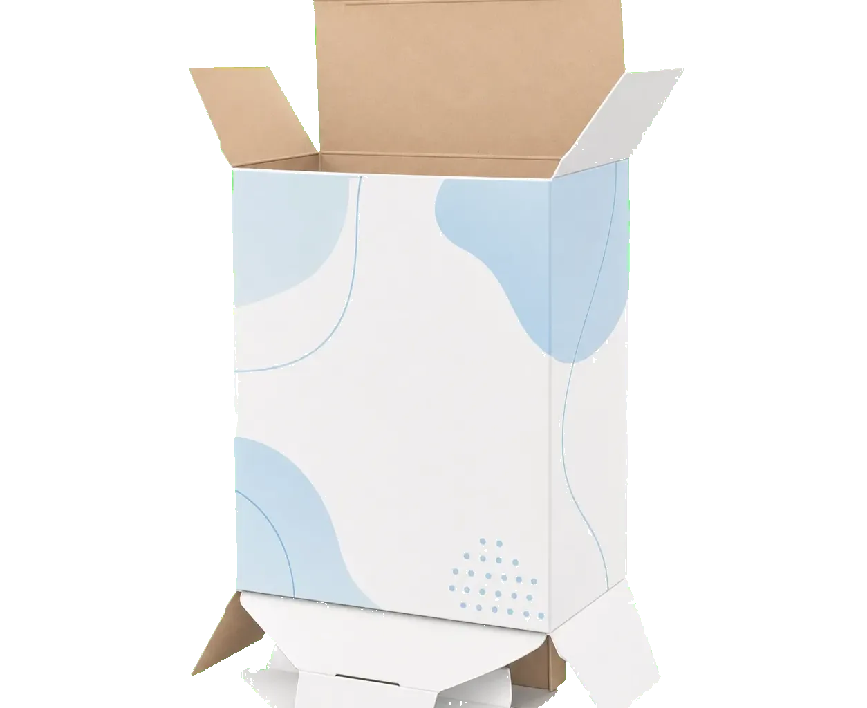 Auto-bottom box open view showing tuck flaps and inner paperboard structure
