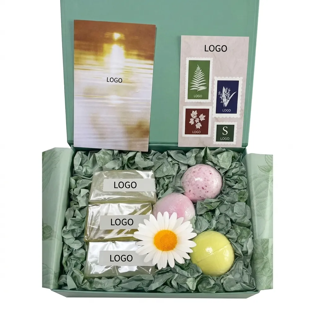 Open green bath bomb gift box with wrapped bath products and paper cushioning