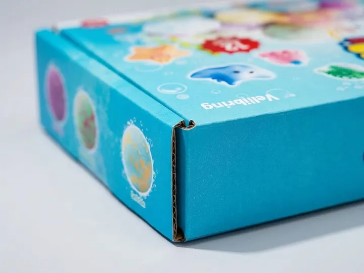 E-flute edge close-up on a custom bath bomb mailer box with blue printed liner