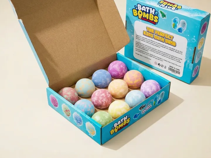 Twelve bath bombs packed inside an open custom bath bomb mailer box
