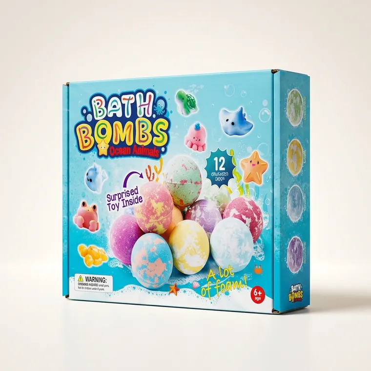 Custom bath bomb mailer box with colorful CMYK artwork and a shallow E-flute profile