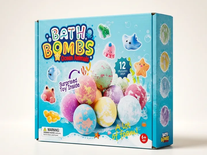 Custom bath bomb mailer boxes with detailed CMYK ocean artwork and matte surface