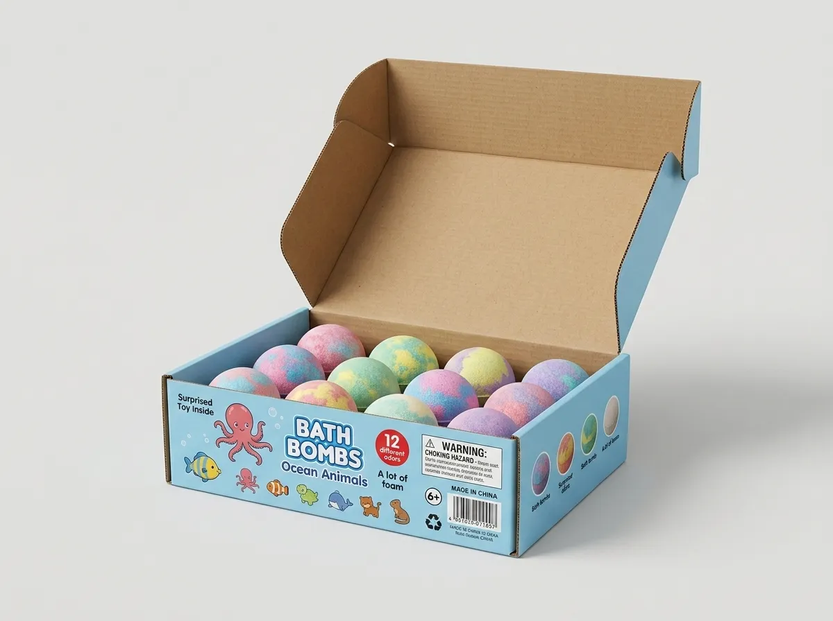 Open E-flute bath bomb mailer box showing hinged lid, kraft interior, and 12-piece layout