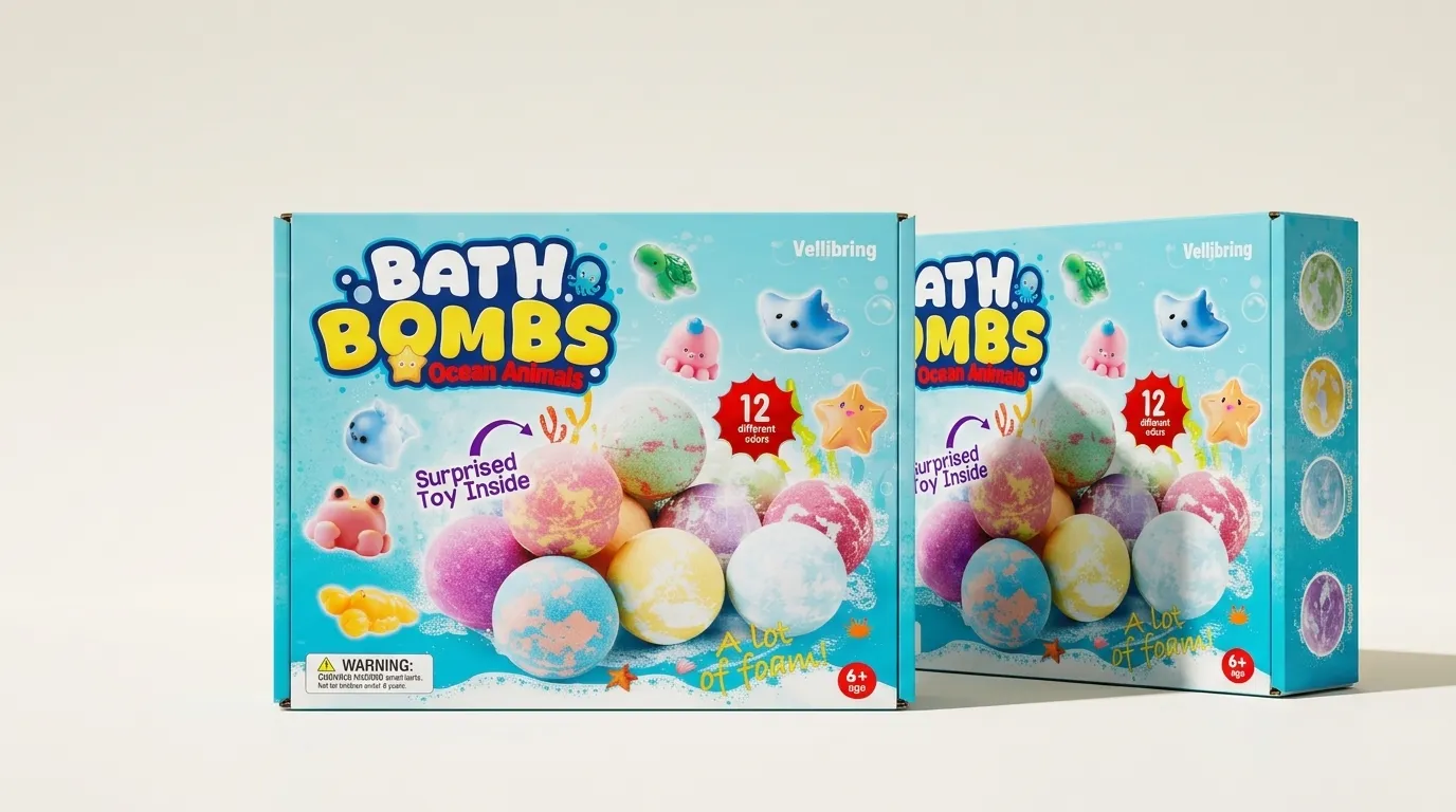 Two closed custom bath bomb mailer boxes showing front artwork and side depth