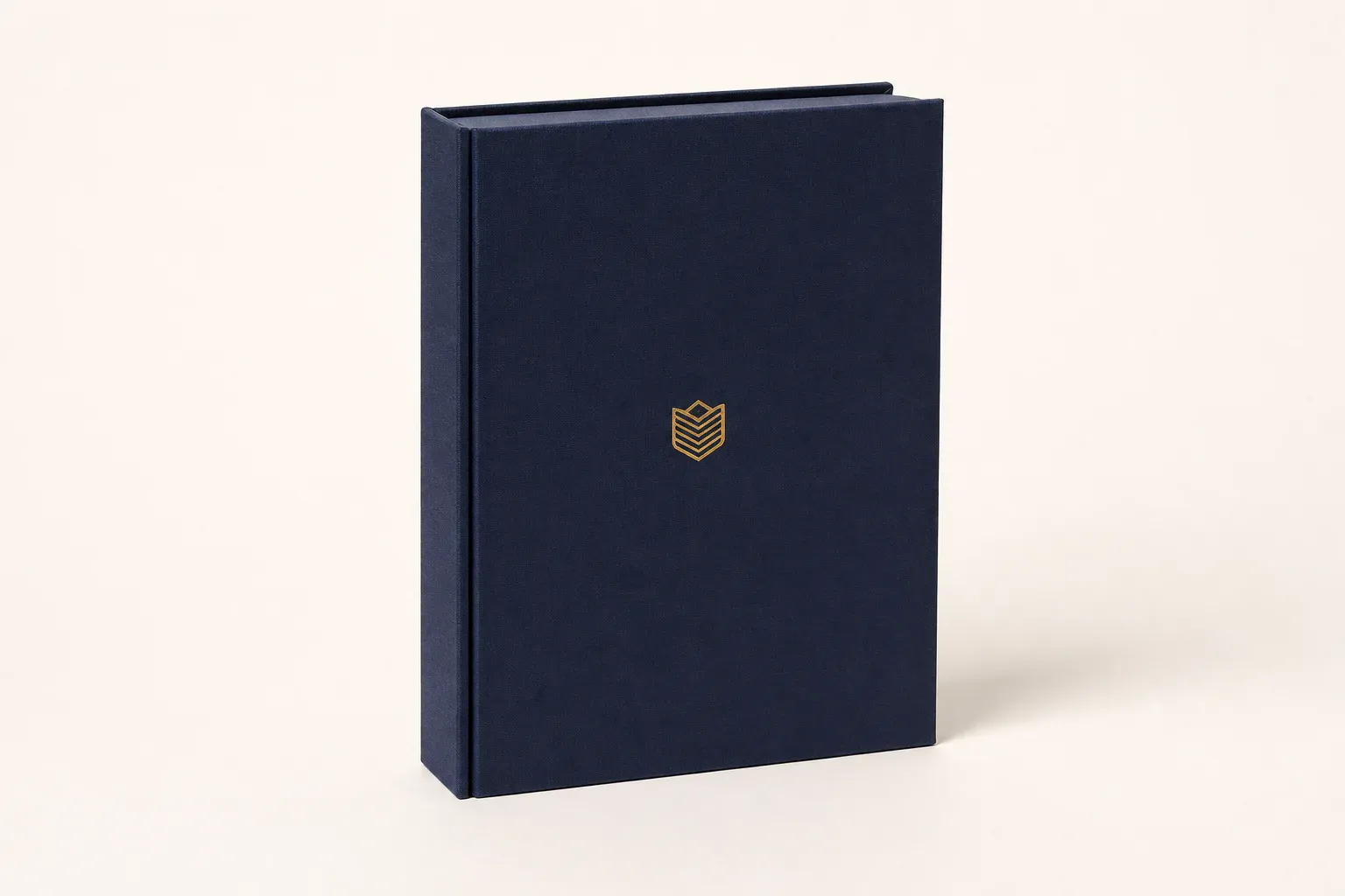 Custom booklet box closed front three-quarter view with premium wrapped rigid board