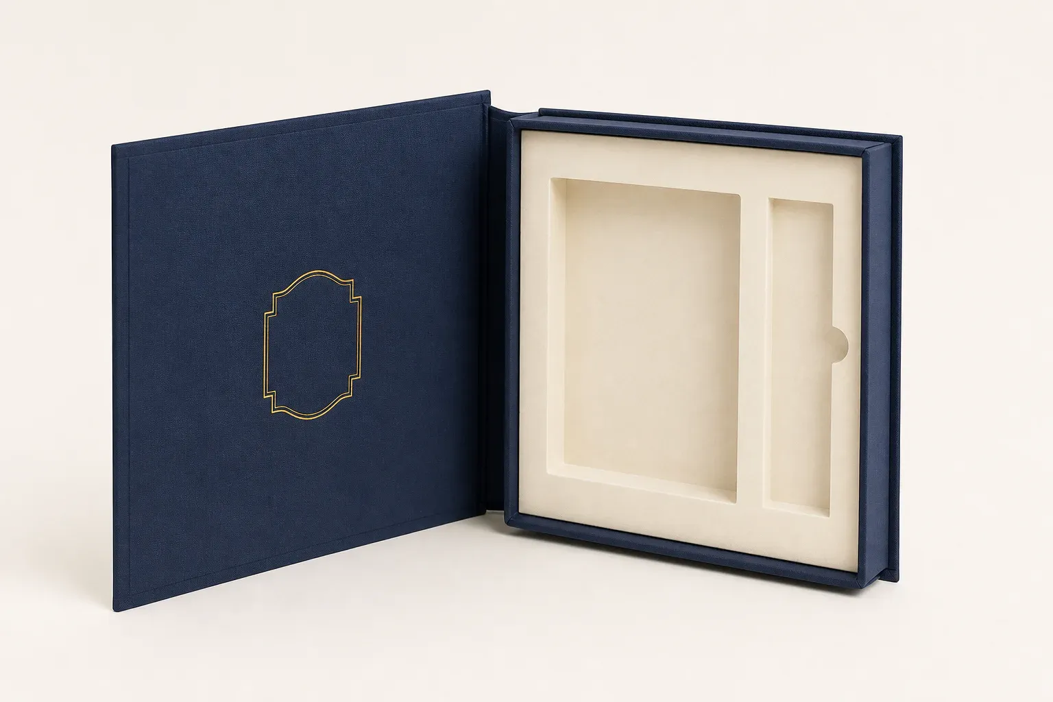 Custom booklet box open view showing the lid, interior, and product presentation area