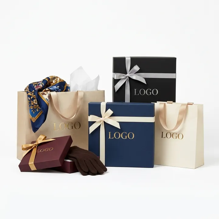 Coordinated luxury boutique gift boxes and paper bags with ribbons, scarf, and fashion accessories