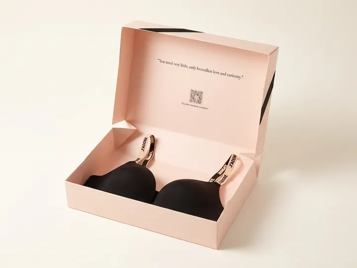 Pale pink lingerie gift box holding a bra in a frosted PE bag