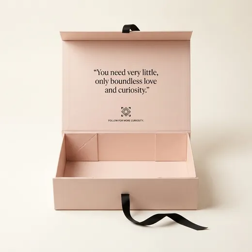 Open pale pink fold-over bra gift box with diagonal-cut lid and side wing supports