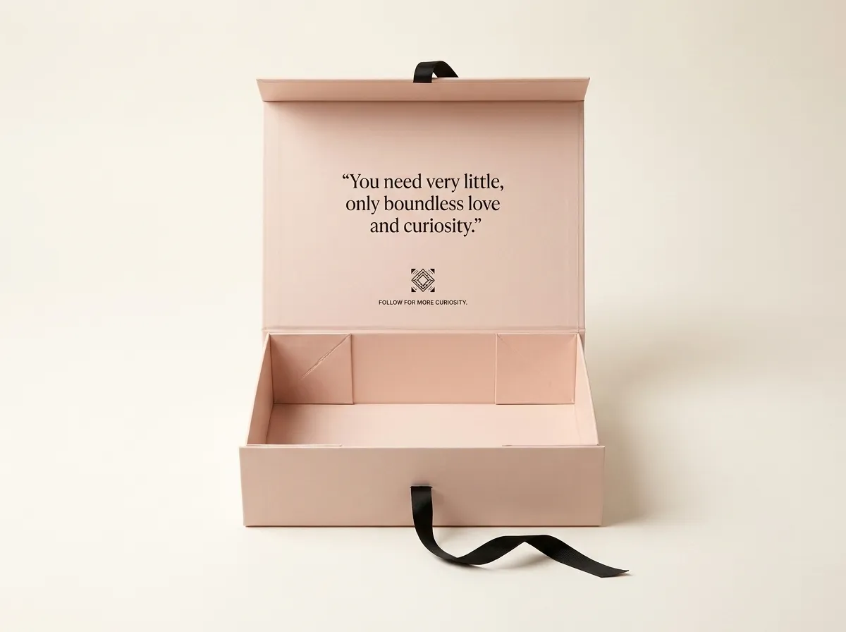 Open pale pink fold-over bra gift box with diagonal-cut lid and side wing supports