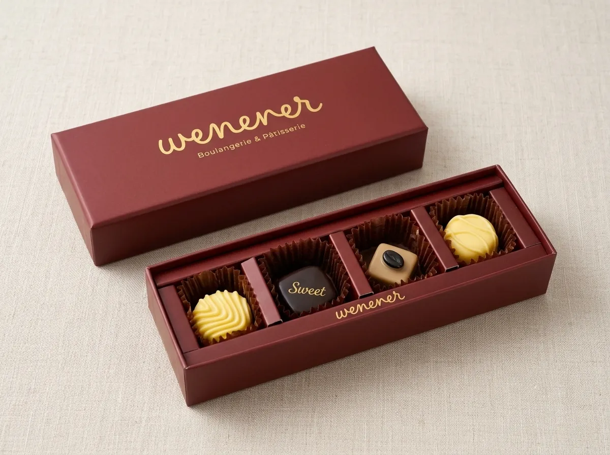 Open burgundy two-piece chocolate box with a folded divider holding four assorted chocolates