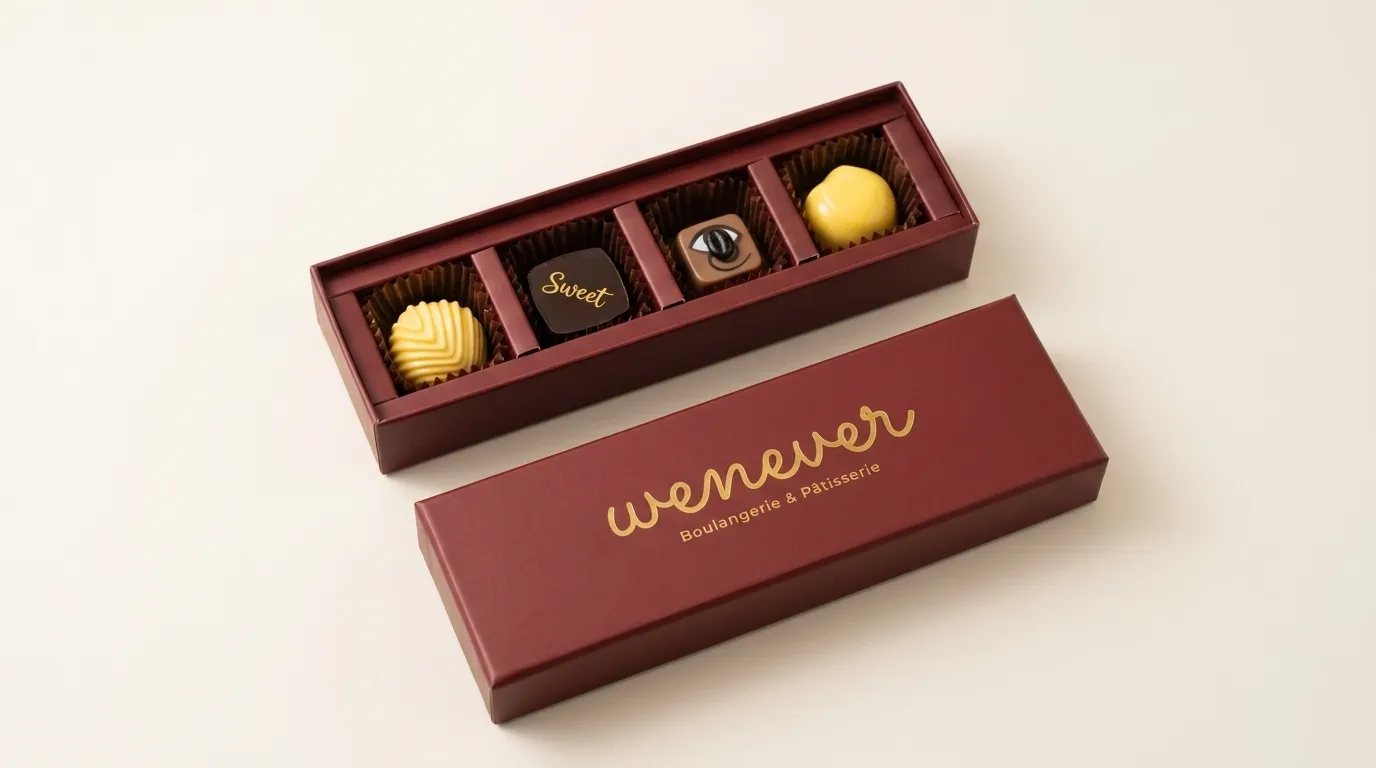 Burgundy long two-piece chocolate box with separate lid and open base holding four chocolates