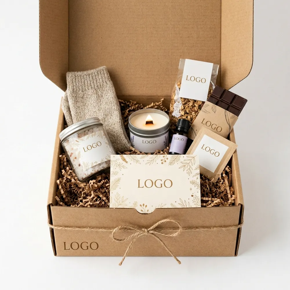 Kraft care package box filled with wellness gifts, snacks, candle, and paper cushioning