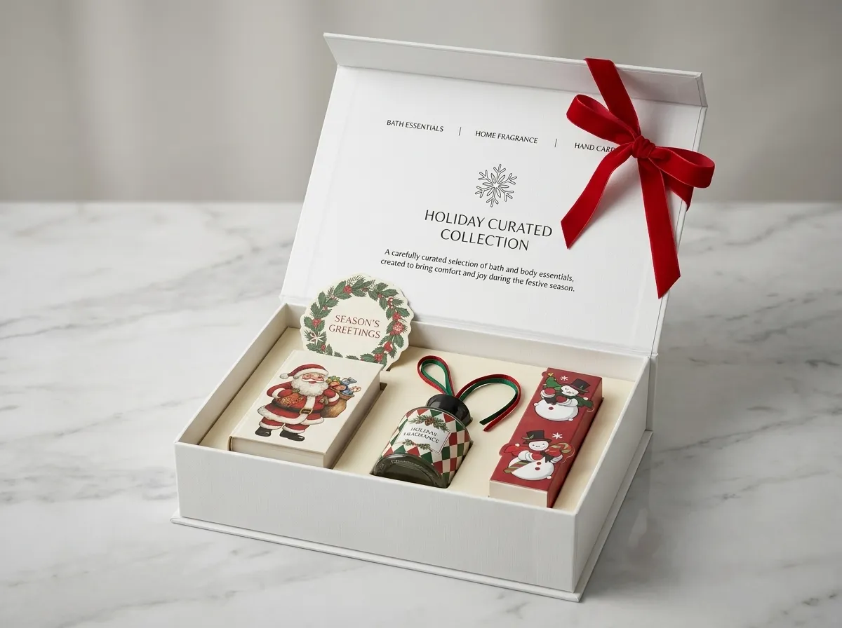 Open white book-style magnetic Christmas gift box with hinged lid and cream compartment insert