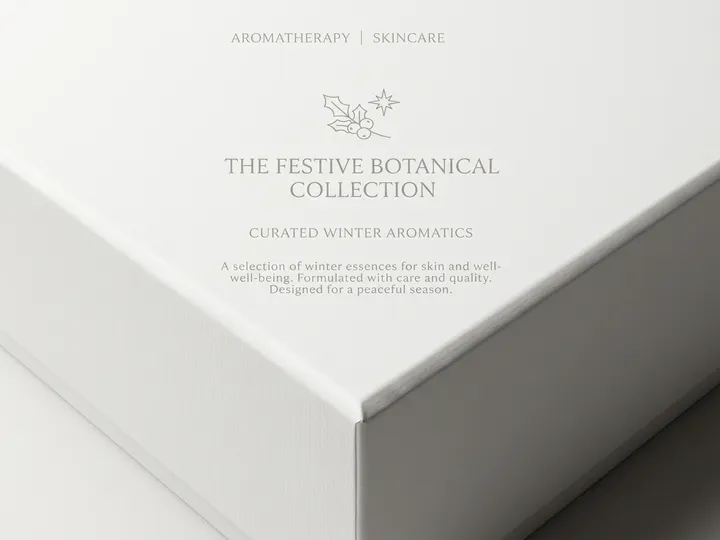Close view of white vertically textured paper, pale English artwork, and wrapped corner on a Christmas gift box