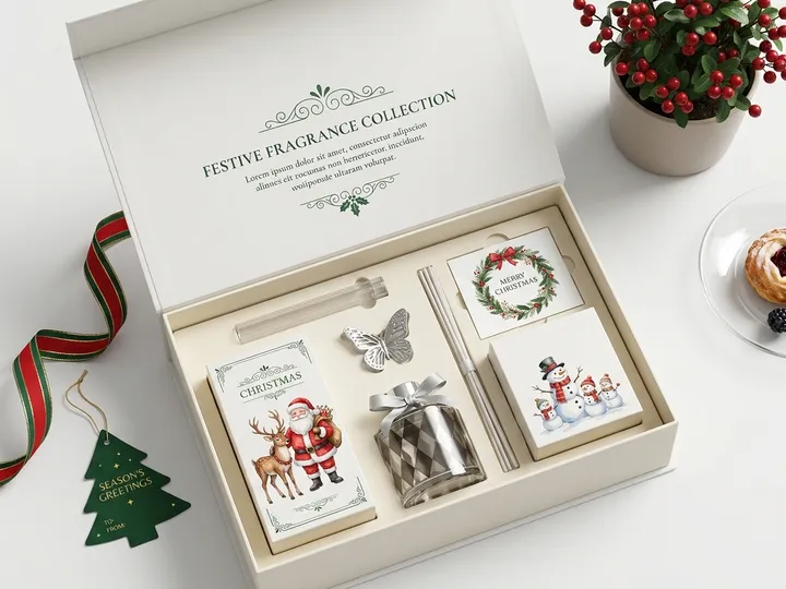 Open white Christmas care package with fragrance bottle, accessory pieces, and printed cartons in a cream frame insert
