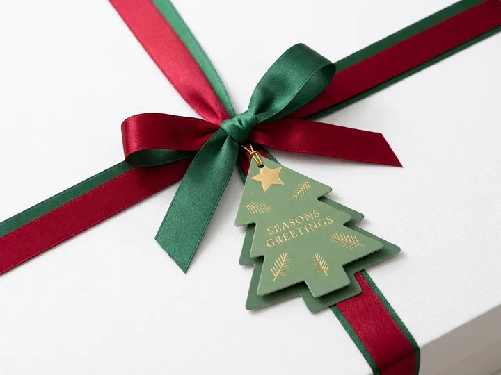 Red and green satin ribbon bow with layered Christmas tree paper tags on a white gift box