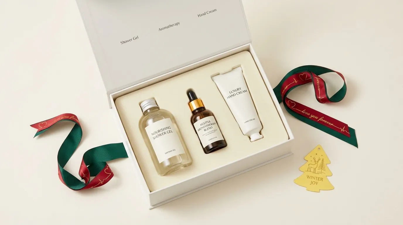 Open white Christmas magnetic gift box holding three bath and aromatherapy products in a cream insert