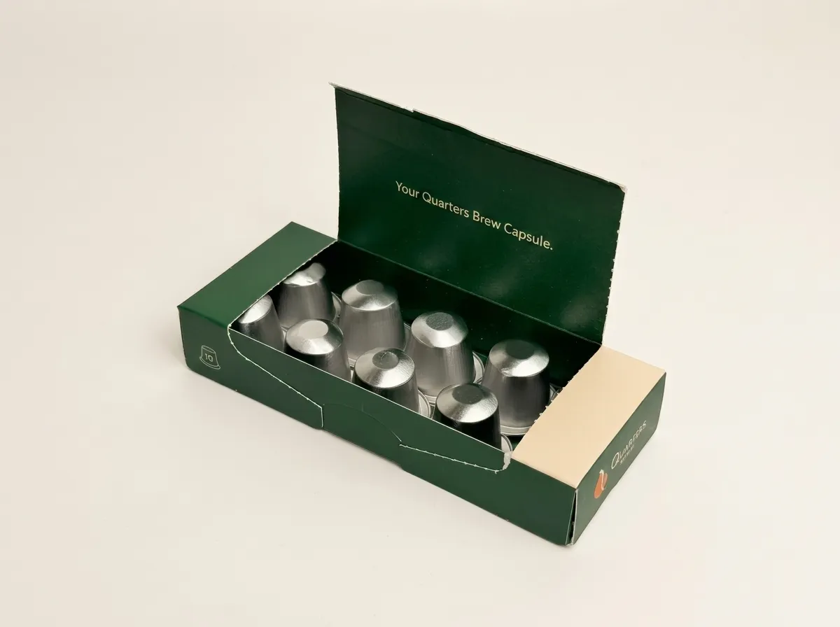 Open green coffee pod carton holding ten silver capsules behind a torn front panel