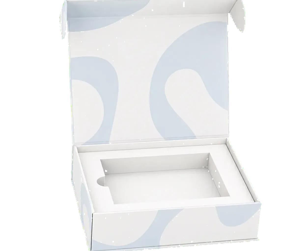 Collapsible rigid box open view showing the lid, interior, and product presentation area