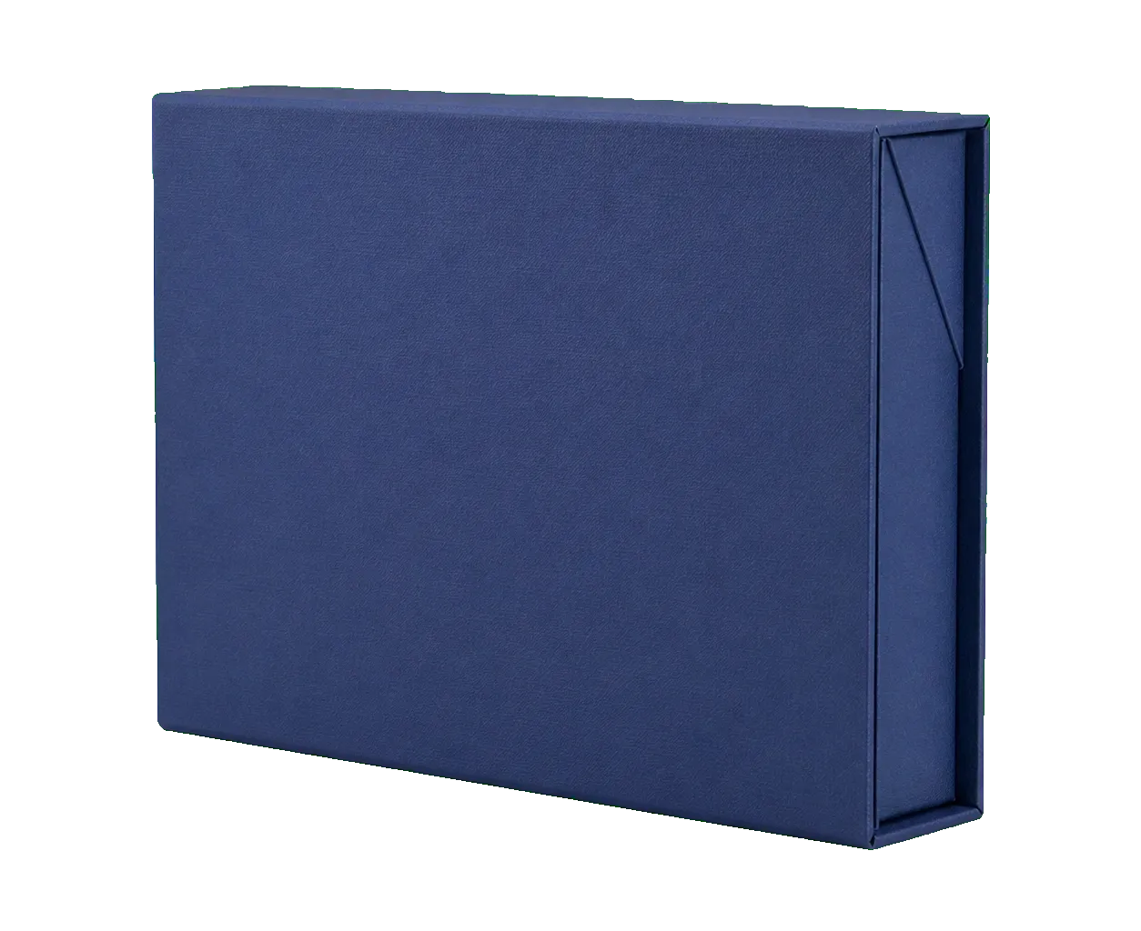 Collapsible rigid box side view showing rigid board depth and wrapped paper edges