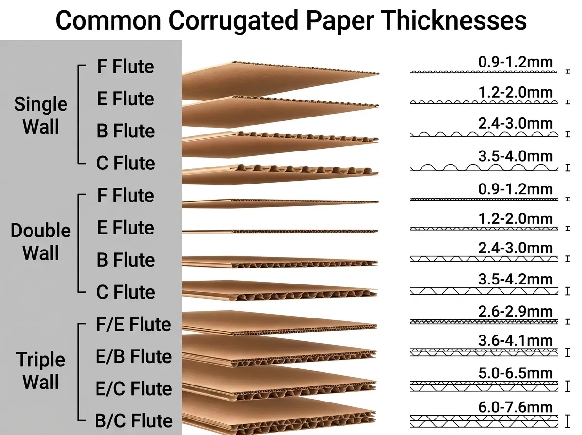 Common corrugated paper thickness comparison showing F, E, B and C single-wall profiles plus FE, EB, EC and BC multi-wall combinations