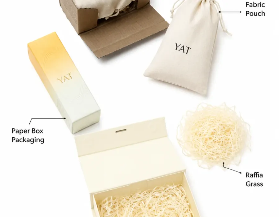Cosmetics and skincare packaging set with printed paper boxes and product containers