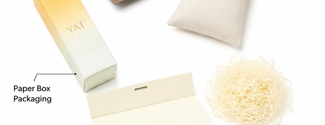 Cosmetics and skincare packaging set with printed paper boxes and product containers