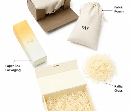 Cosmetics and skincare packaging set with printed paper boxes and product containers
