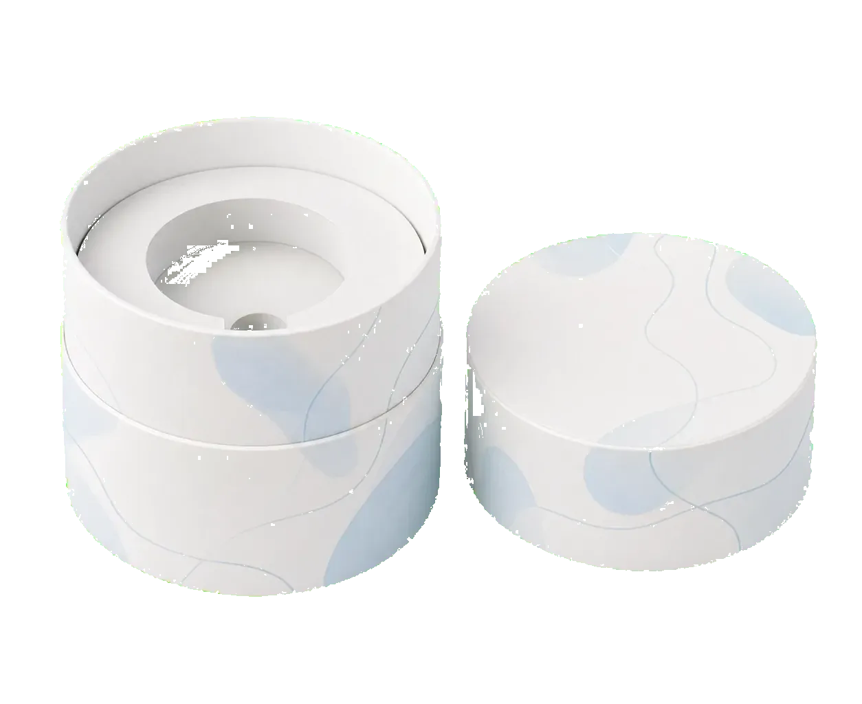 Cylinder rigid box open view showing the lid, interior, and product presentation area