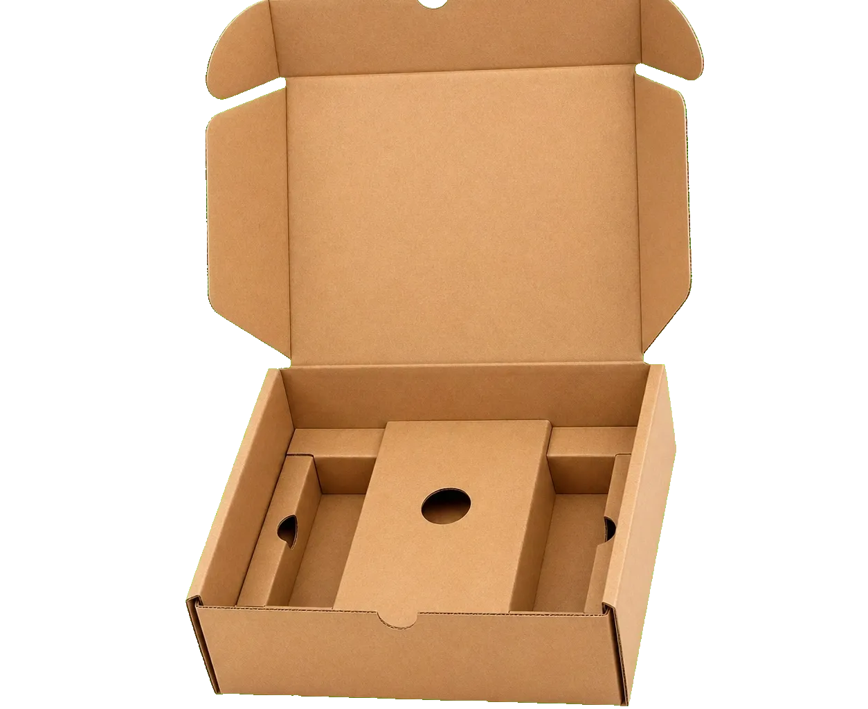 Die-cut corrugated box open view showing interior flaps, product area, and corrugated protection structure