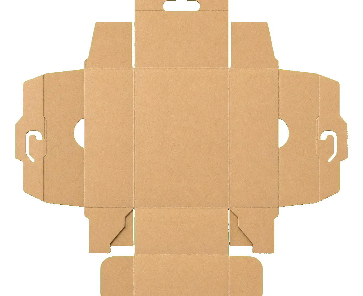 Die-cut corrugated box unfolded corrugated blank showing panels, flaps, score lines, and locking areas