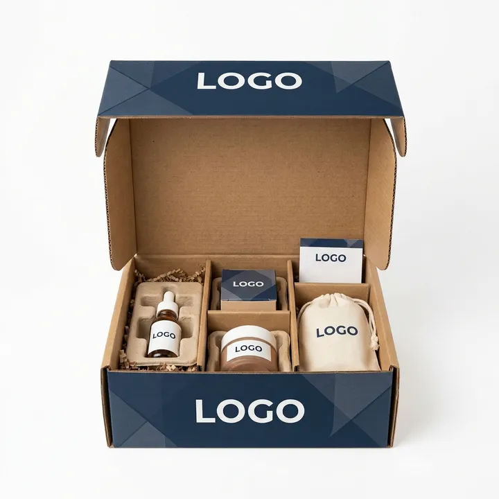 Open printed ecommerce mailer kit with corrugated dividers and branded product inserts