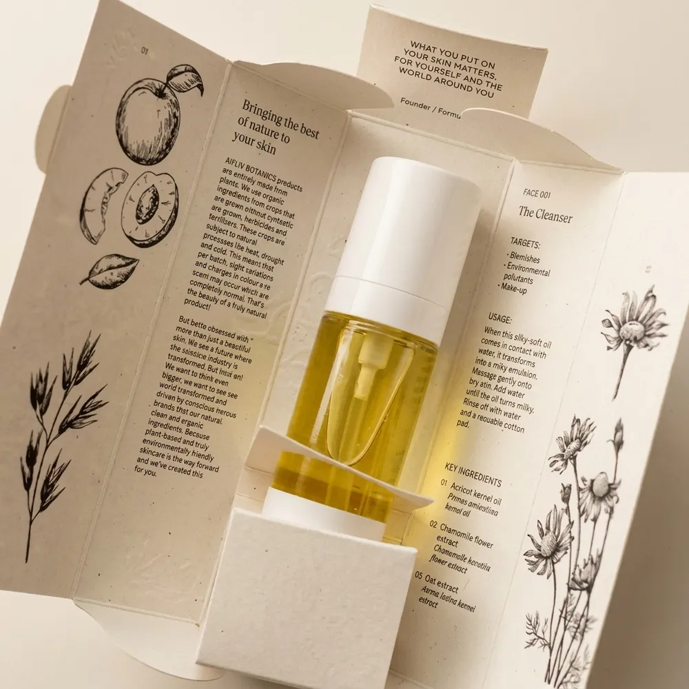 Open custom essential oil box with two printed side wings and an integrated paperboard bottle holder