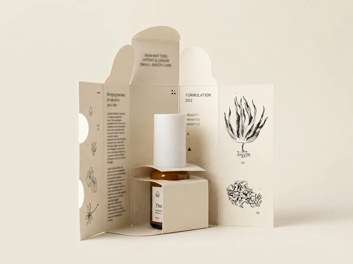 Essential oil bottle seated in an open fold-over carton with printed side wings
