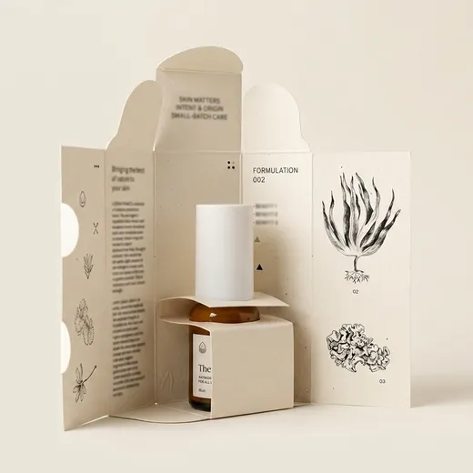 Open fold-over essential oil carton showing two wings and central bottle support