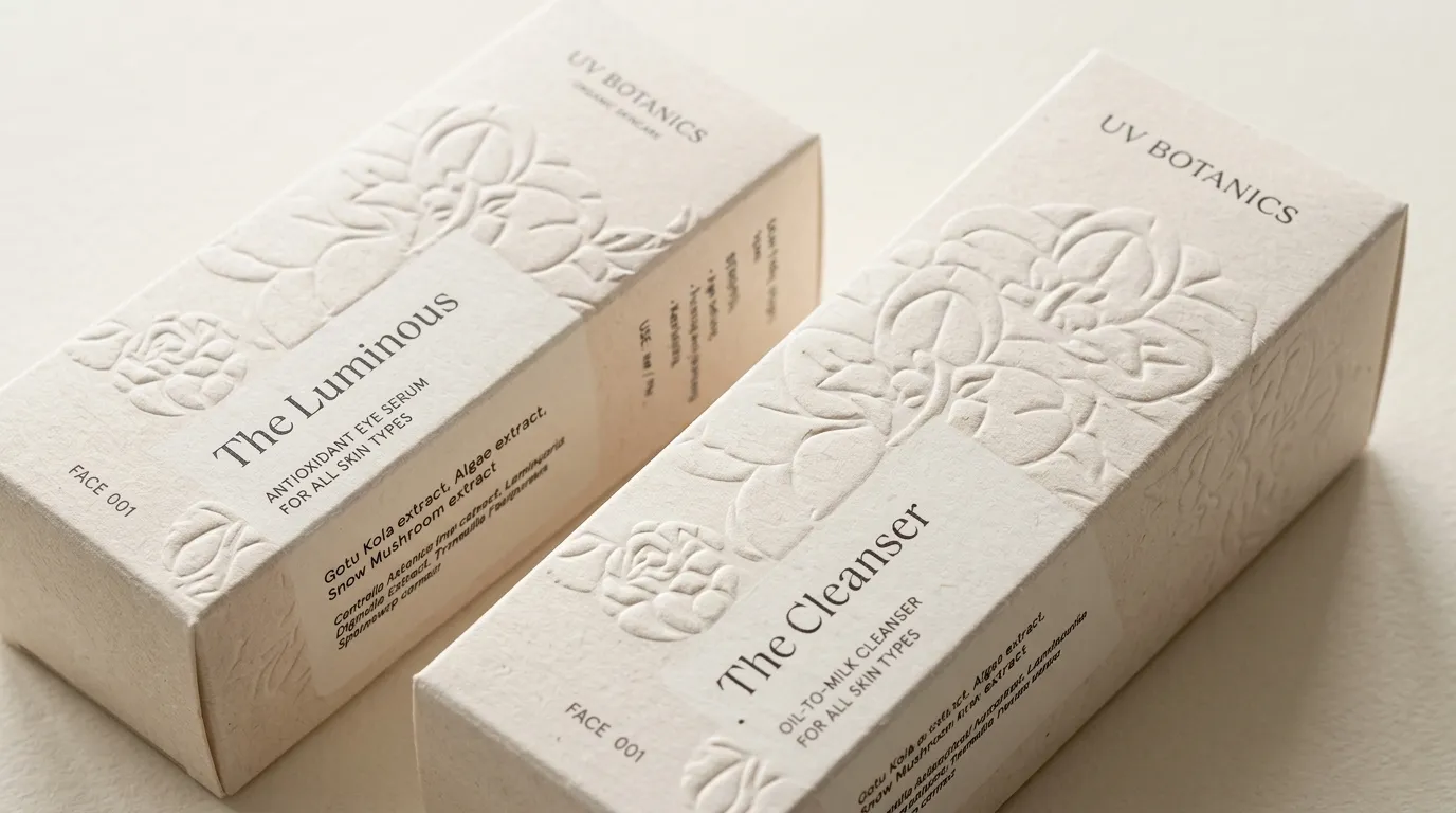 Two closed ivory custom essential oil boxes with raised floral embossing