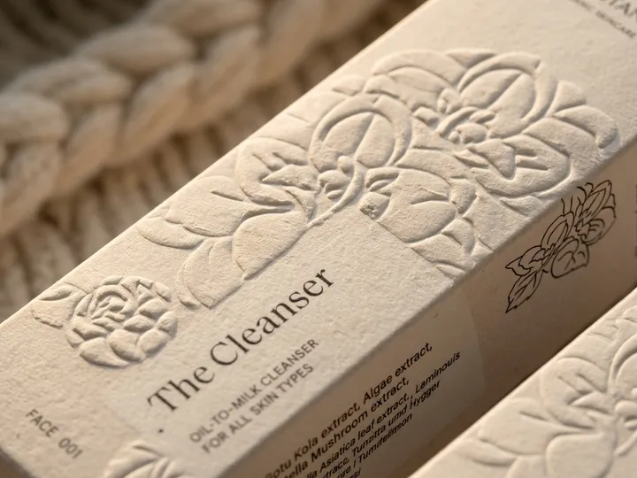 Close view of floral embossing and restrained brown print on textured essential oil packaging