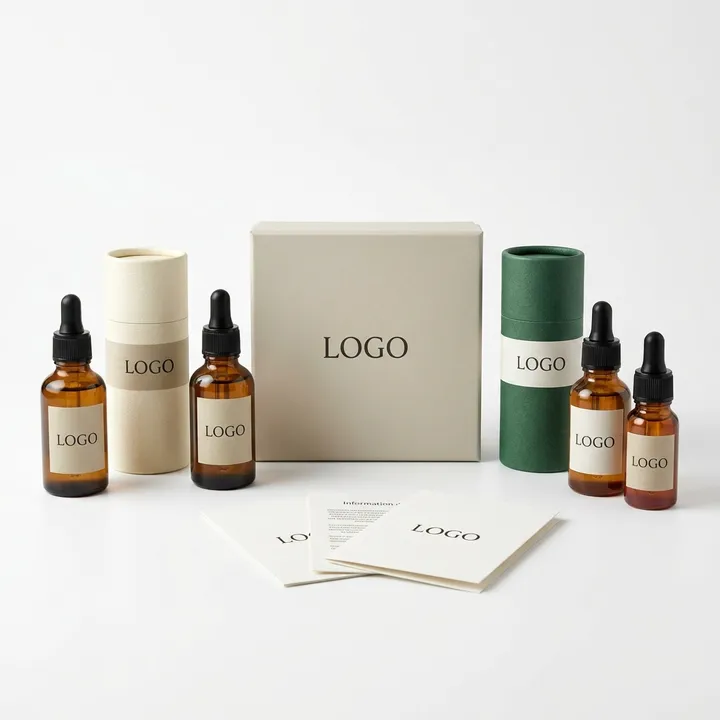 Essential oil dropper bottles with custom cartons, paper tubes, and product cards