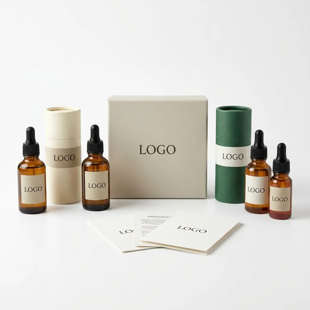Essential oil dropper bottles with custom cartons, paper tubes, and product cards
