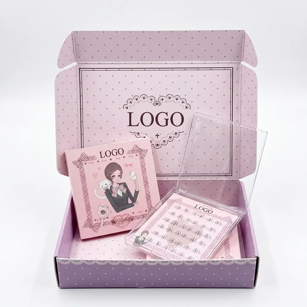 Pink eyelash mailer box with clear lash tray and branded insert card