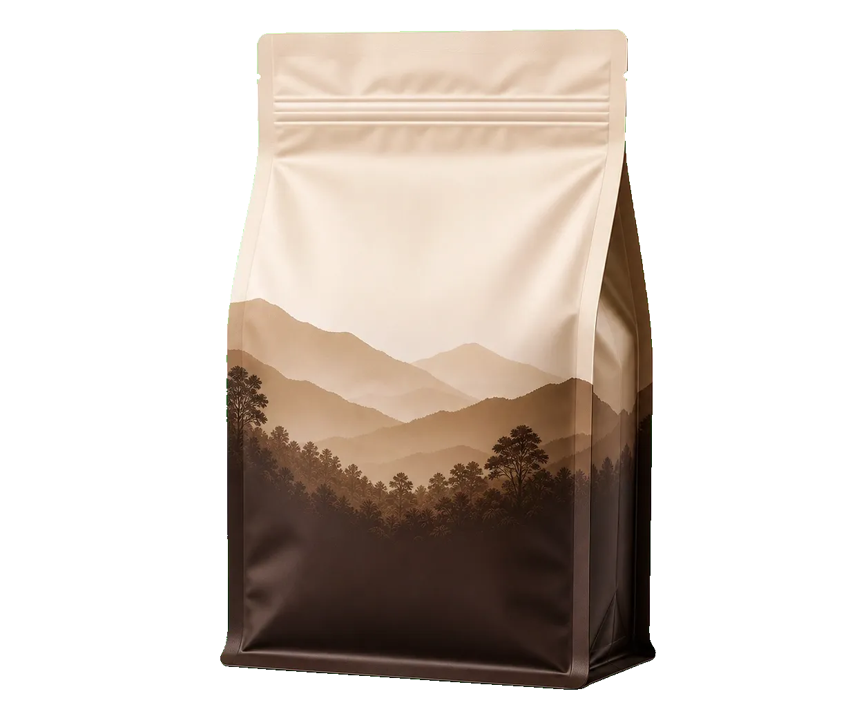 Flat-bottom pouch front three-quarter view with flexible film panels and clean custom print