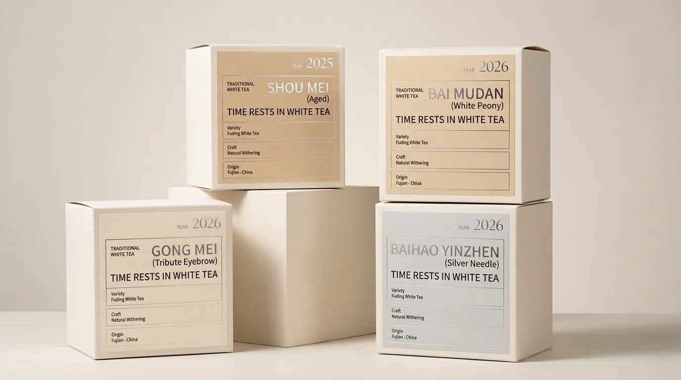 Four closed custom folding tea boxes with beige and silver front panels