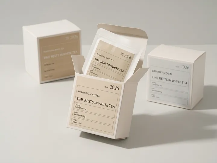 Sealed tea pouch seated inside an open square custom folding tea box
