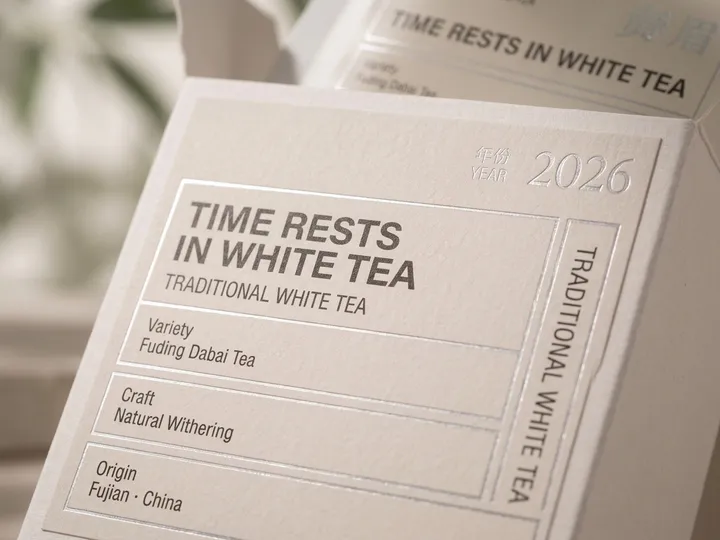 Close view of a beige tea box panel with reflective silver lettering and rules